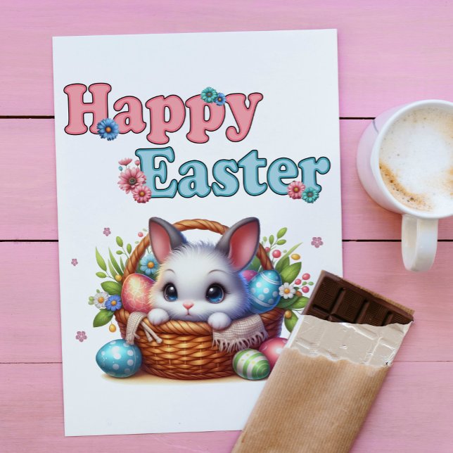 Cute Easter Bunny in Basket with Eggs and Flowers Postcard (Cute Easter Bunny in Basket with Eggs and Flowers. Postcard)