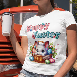 Cute Easter Bunny in Basket with Eggs and Flowers T-Shirt