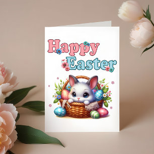 Cute Easter Bunny in Basket with Eggs and Flowers Thank You Card