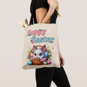 Cute Easter Bunny in Basket with Eggs and Flowers Tote Bag