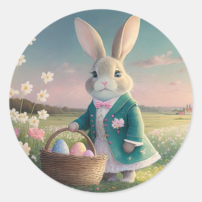 Cute Easter bunny in little blue jacket Classic Round Sticker (Front)