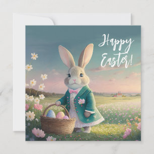 Cute Easter bunny in little blue jacket Holiday Card