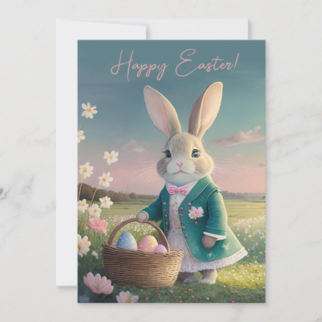 Cute Easter bunny in little blue jacket Holiday Card (Front)