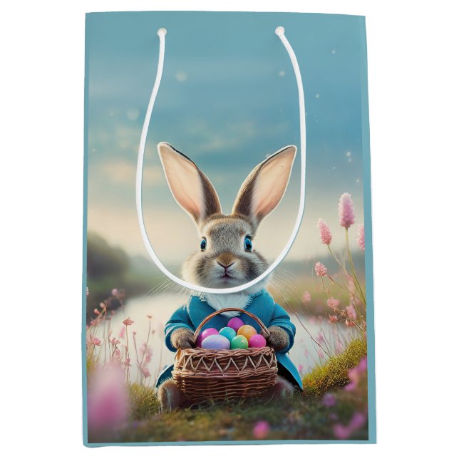 Cute Easter bunny in little blue jacket Medium Gift Bag (Front)