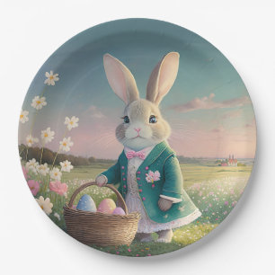 Cute Easter bunny in little blue jacket Paper Plate