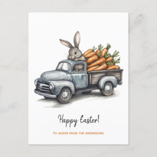 Cute Easter bunny in rustic vintage truck Holiday Postcard