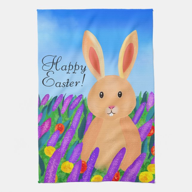 Cute Easter bunny in the flowers custom text Kitchen Towel (Vertical)