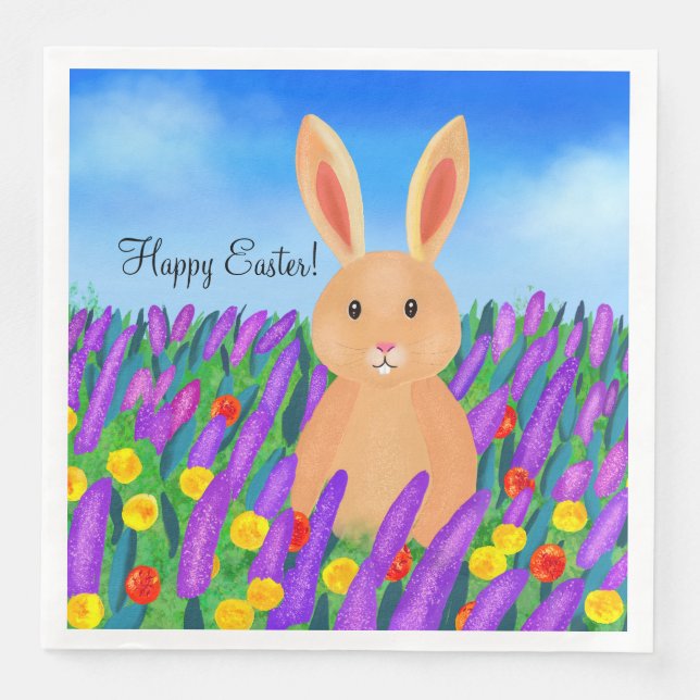 Cute Easter bunny in the flowers Napkin (Front)