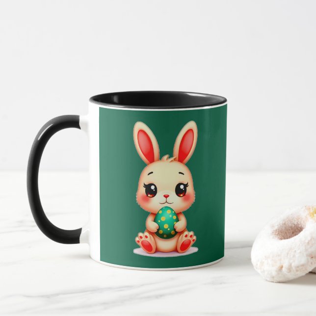 Cute Easter Bunny – Kawaii Rabbit with Egg caneca Mug (With Donut)