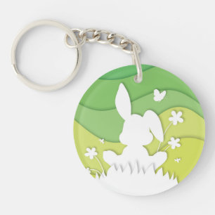 Cute easter bunny on spring meadow keychain