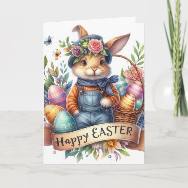 Cute Easter Bunny Overalls Illustration Holiday Card (Front)