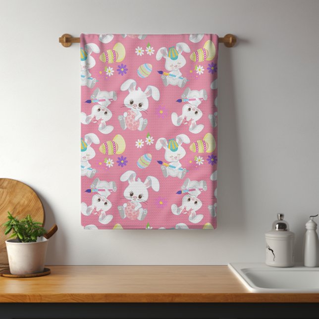 Cute Easter Bunny Painting Egg Pink Spring Floral Kitchen Towel (Creator Uploaded)