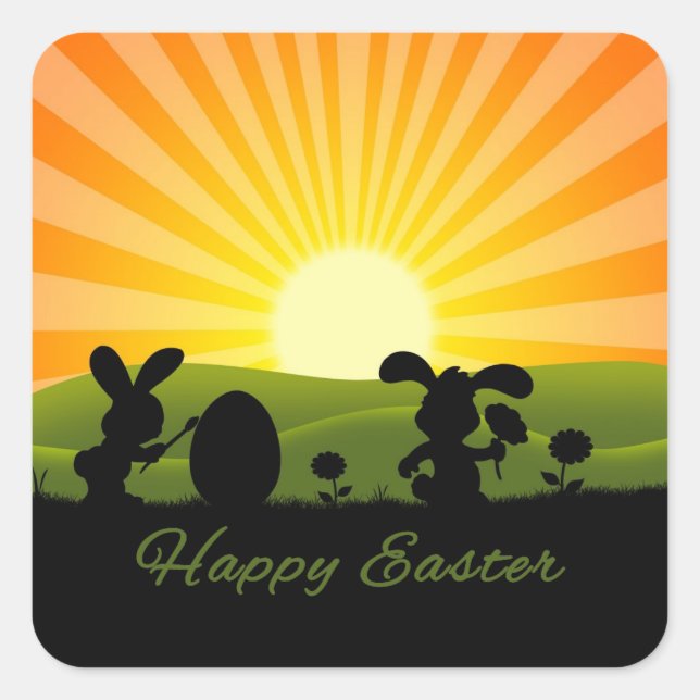 Cute Easter Bunny Painting Egg Square Sticker (Front)