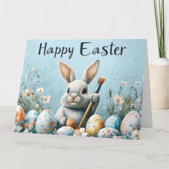 Cute Easter Bunny Painting Eggs: Springtime Art Card (Front)