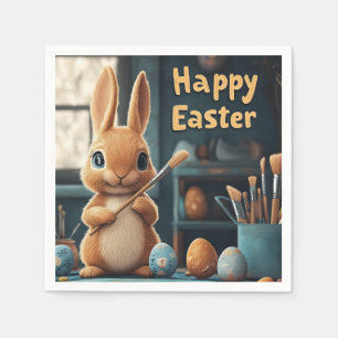 Cute Easter Bunny Painting Eggs: Springtime Art Napkin