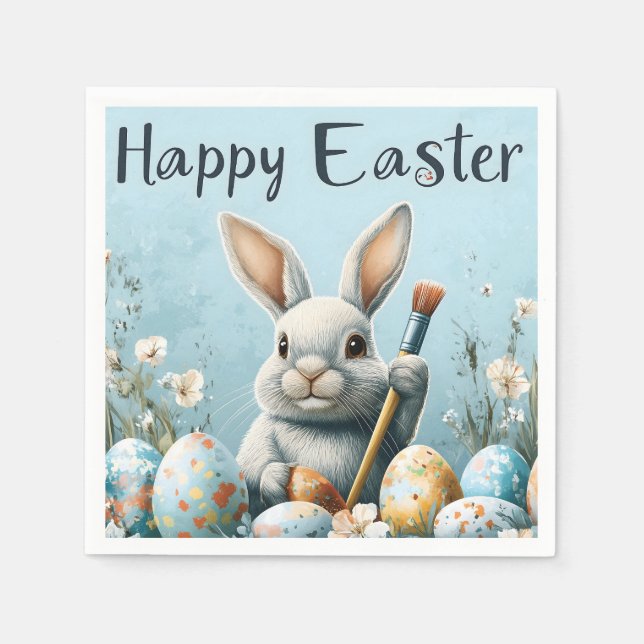 Cute Easter Bunny Painting Eggs: Springtime Art Napkin (Front)