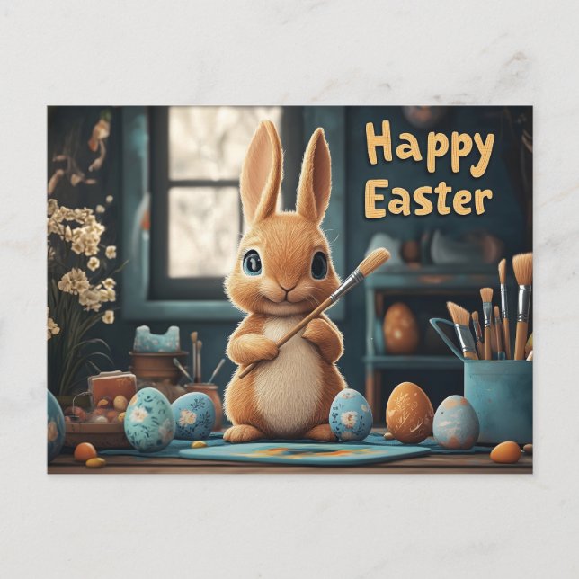 Cute Easter Bunny Painting Eggs: Springtime Art Postcard (Front)