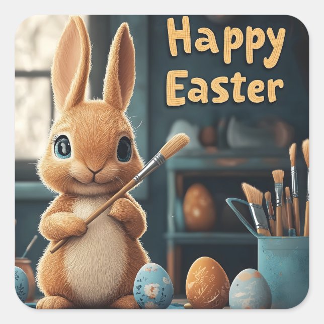 Cute Easter Bunny Painting Eggs: Springtime Art Square Sticker (Front)