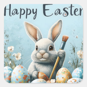 Cute Easter Bunny Painting Eggs: Springtime Art Square Sticker