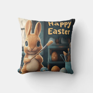 Cute Easter Bunny Painting Eggs: Springtime Art Throw Pillow