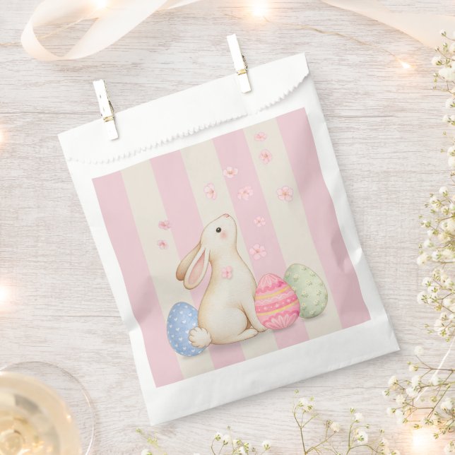 Cute Easter Bunny, Pastel Eggs, and Pink Stripes Favour Bag (Clipped)