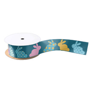 Cute Easter Bunny Pattern Blue Satin Ribbon