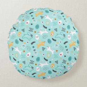Cute Easter Bunny Pattern Kawaii Rabbits Eggs  Round Pillow