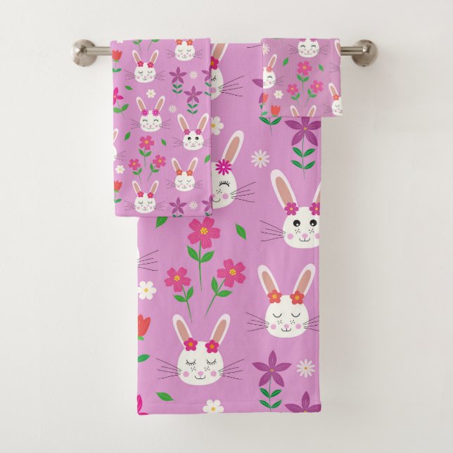 Cute Easter bunny pattern with flowers on Pink  Bath Towel Set (Insitu)