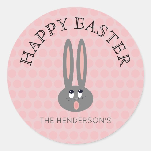 Cute Easter Bunny Pink Dots Personalized Classic Round Sticker (Front)