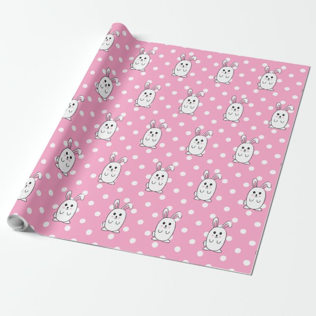 Cute Easter Bunny Pink Rabbit Cartoon Kids Wrapping Paper (Unrolled)
