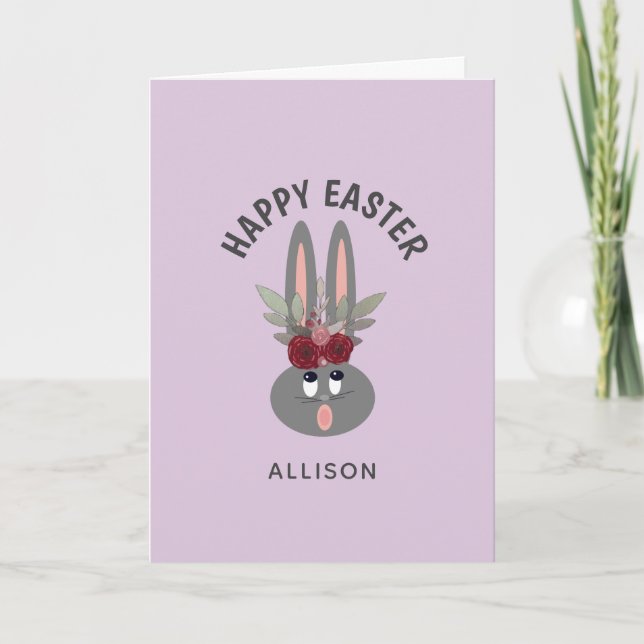 Cute Easter Bunny Purple Floral Personalized Holiday Card (Front)