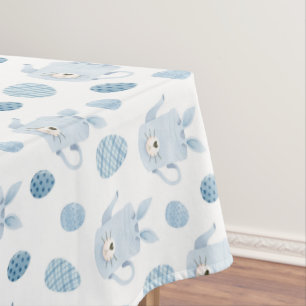 Cute Easter Bunny Rabbit Blue White Tea Pot Eggs  Tablecloth
