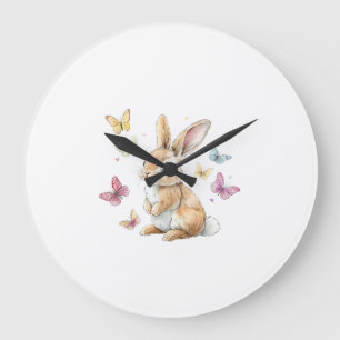 Cute Easter Bunny Rabbit Butterfly T-Shirt Large Clock