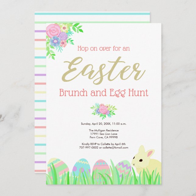 Cute Easter Bunny Rabbit Floral Brunch Egg Hunt Invitation (Front/Back)