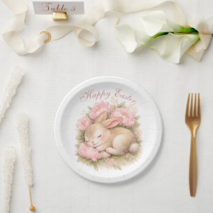 Cute Easter Bunny Rabbit Pink Blush Peony Paper Plate