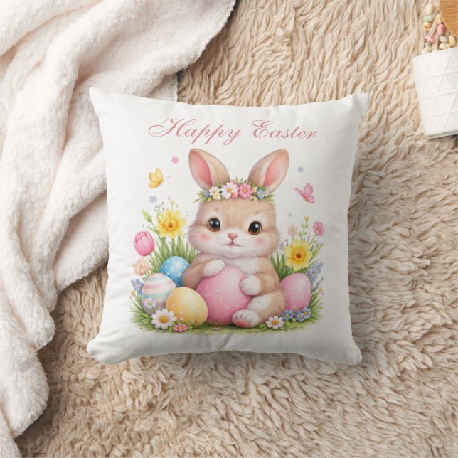 Cute Easter Bunny Rabbit Pink Blush Peony Throw Pillow (Blanket)