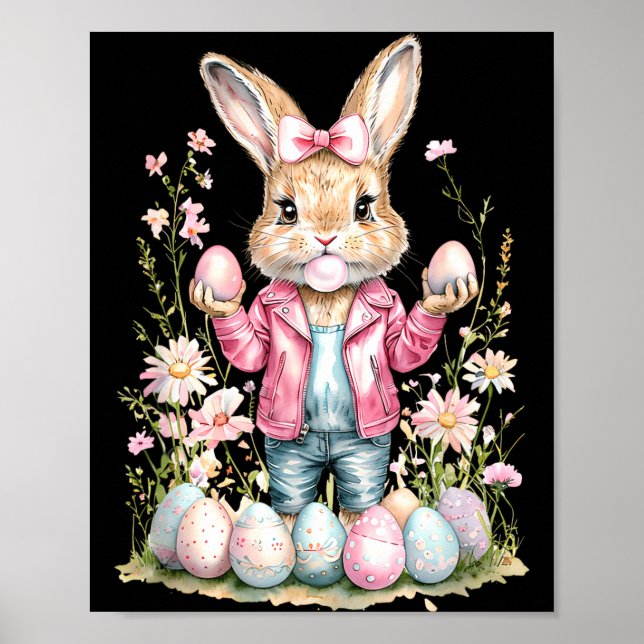 Cute Easter Bunny Rabbit Pink Ribbon Poster (Front)