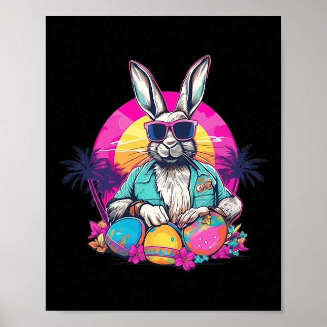 Cute Easter Bunny Retro Miami Look Colourful Eggs  Poster (Front)