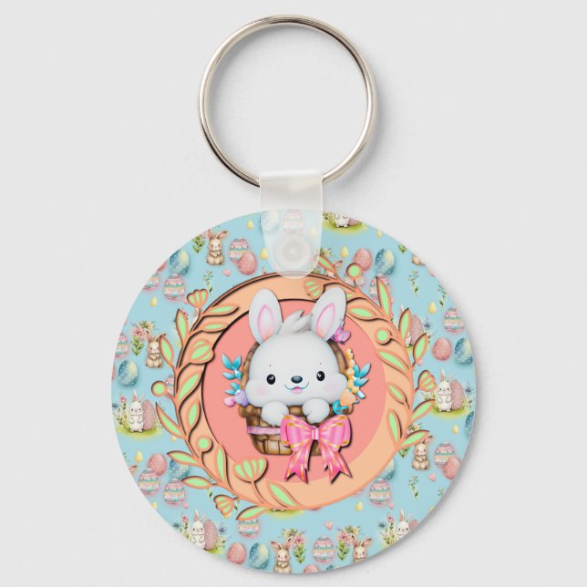 Cute Easter Bunny Sitting in The Basket Keychain (Front)