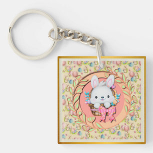 Cute Easter Bunny Sitting in The Basket Keychain