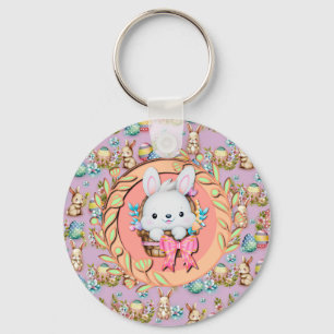 Cute Easter Bunny Sitting in The Basket Keychain