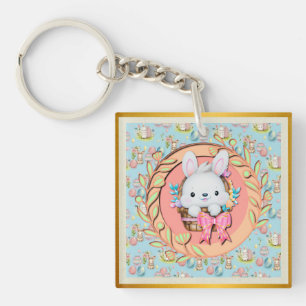Cute Easter Bunny Sitting in The Basket Keychain