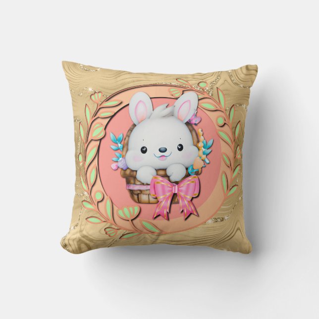 Cute Easter Bunny Sitting in The Basket Throw Pillow (Front)
