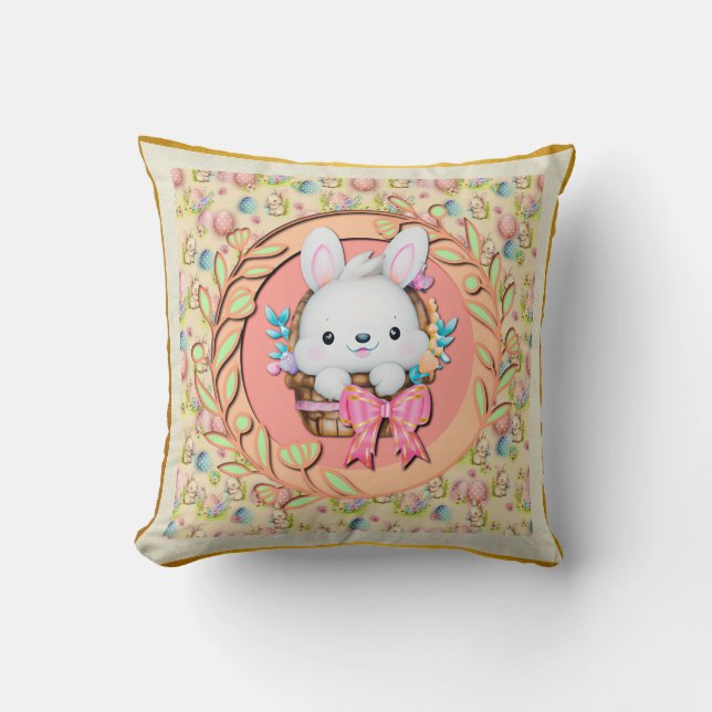 Cute Easter Bunny Sitting in The Basket Throw Pillow (Front)