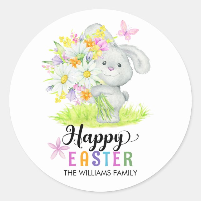 Cute Easter Bunny Spring Flowers Typography Classic Round Sticker (Front)