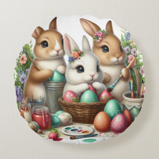 Cute, Easter Bunny/Spring paint party Round Pillow (Front)