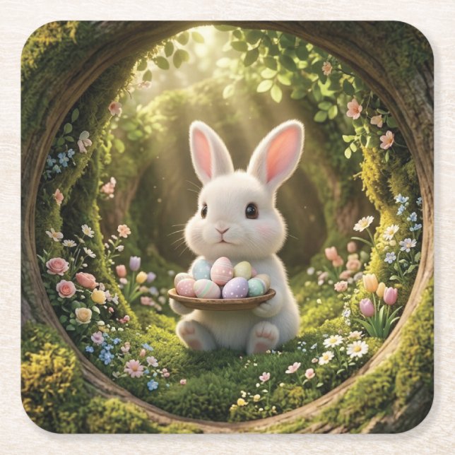 Cute Easter Bunny Square Paper Coaster (Front)