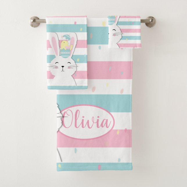 Cute Easter bunny striped background Bath Towel Set (Insitu)