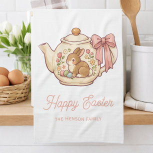 Cute Easter Bunny Teapot Flowers Kitchen Towel