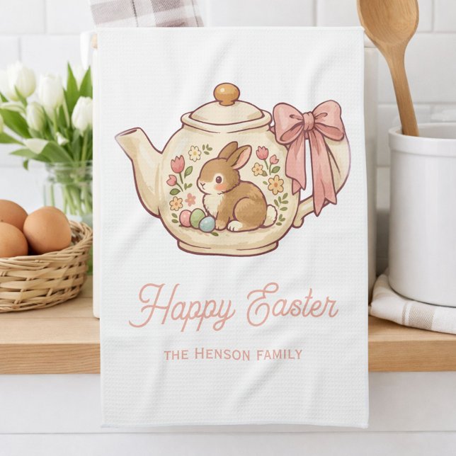 Cute Easter Bunny Teapot Flowers Kitchen Towel (Creator Uploaded)